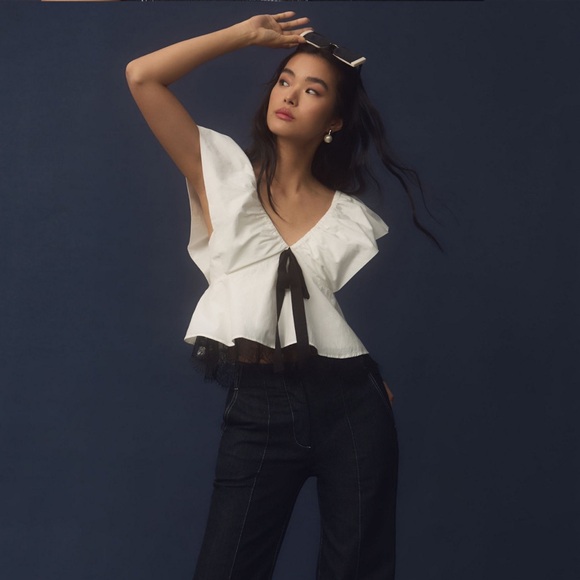 anthropologie bow ruffle-sleeve babydoll blouse size L, elegant feminine zipper - Picture 2 of 7